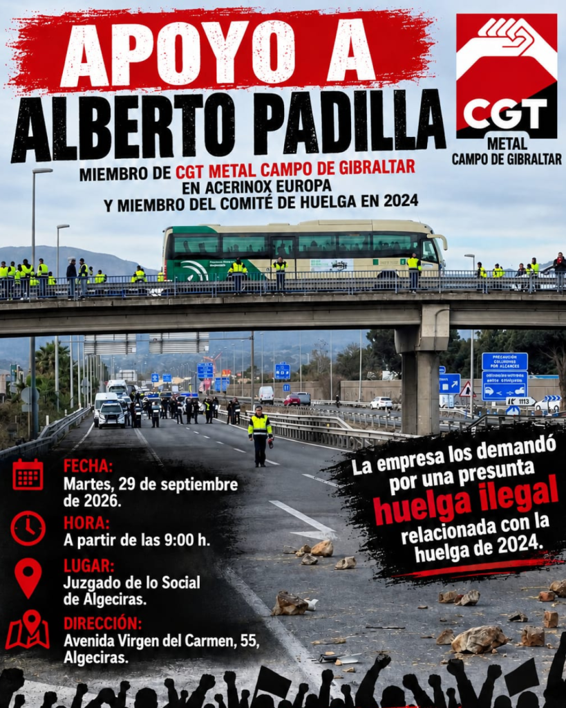 Cartel de la concentración en apoyo a Alberto Padilla y los seis compañeros de ATA