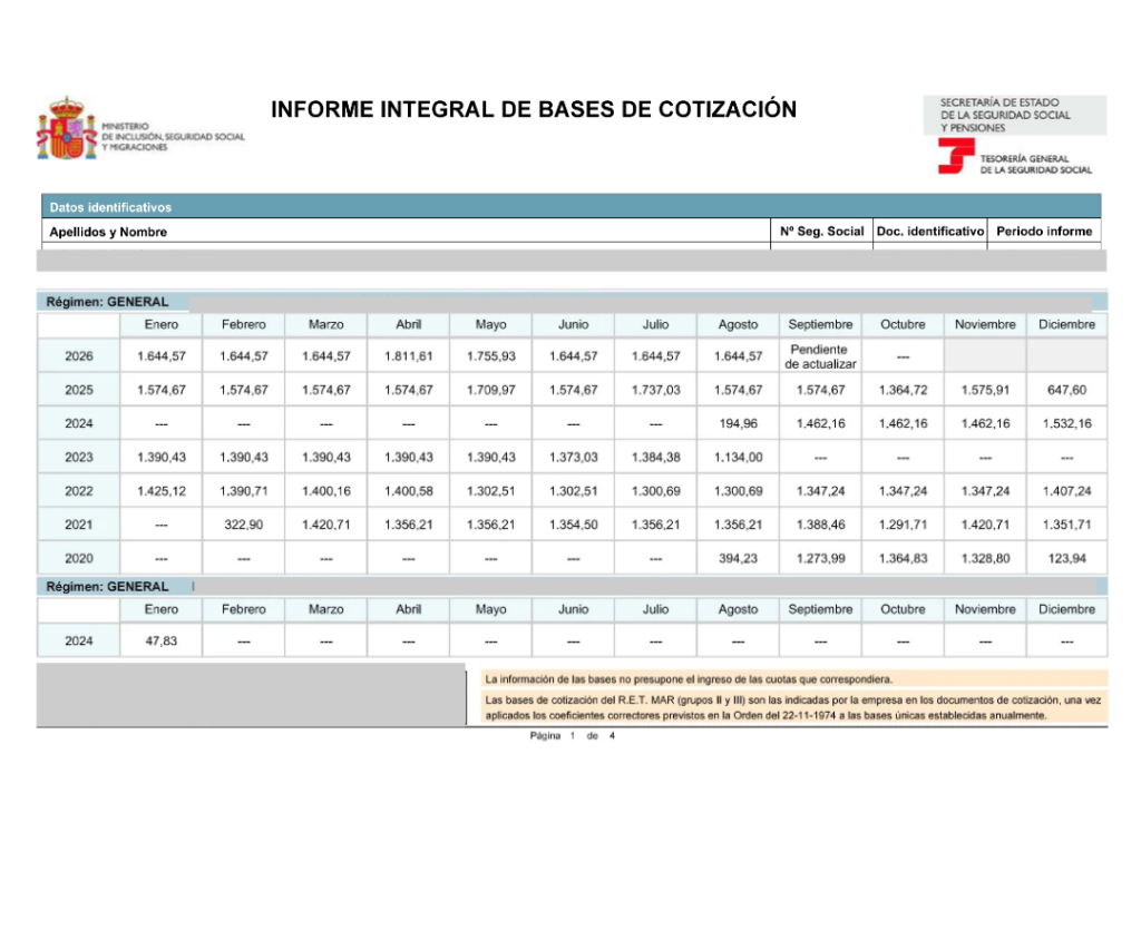 Informe Integral de Bases de Cotización de la Seguridad Social, con datos personales ocultos.