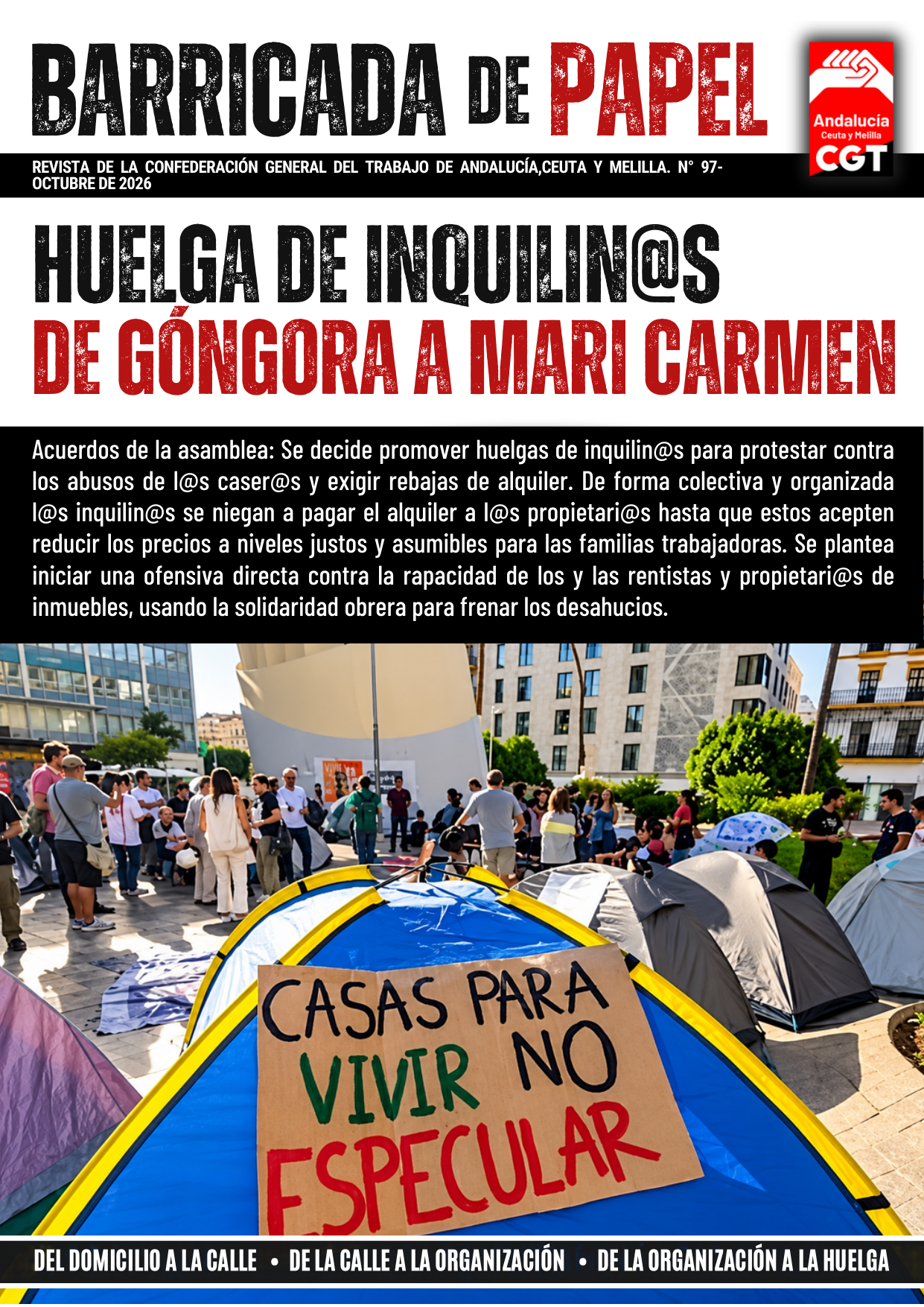 Portada de Barricada de Papel nº 97, octubre de 2026: huelga de inquilinas, de Góngora a Mari Carmen.