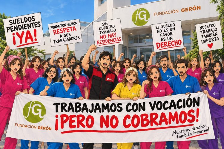 Ilustración de una protesta por salarios pendientes en una residencia de Fundación Gerón, con la pancarta «Trabajamos con vocación, ¡pero no cobramos!».